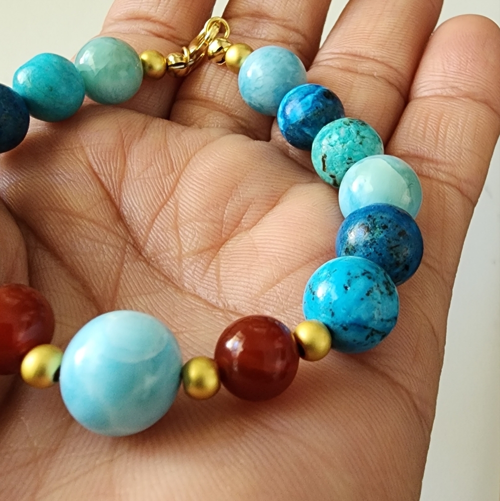 HIGH-GRADE Chrysocolla, Larimar & Carnelian motivation bracelet (size 6-7.5)